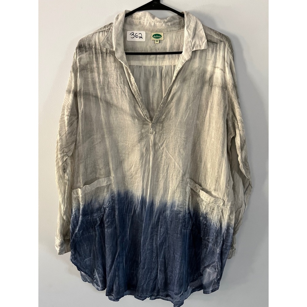 Dolma Women XL Blue Grey Ombre Dip Dye Tunic Top Long Sleeve Boho Pockets